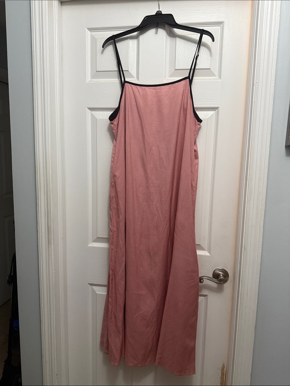 Velvet Pink Maxi Slip Dress with Black Trim